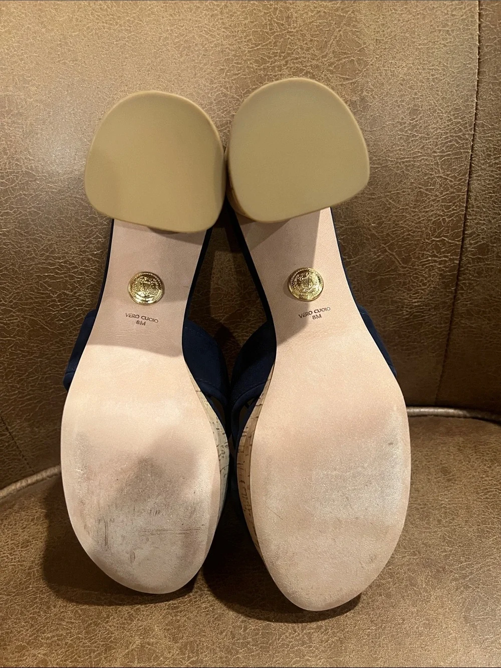 Veronica Beard Navy Suede Cork Block Heel Slides